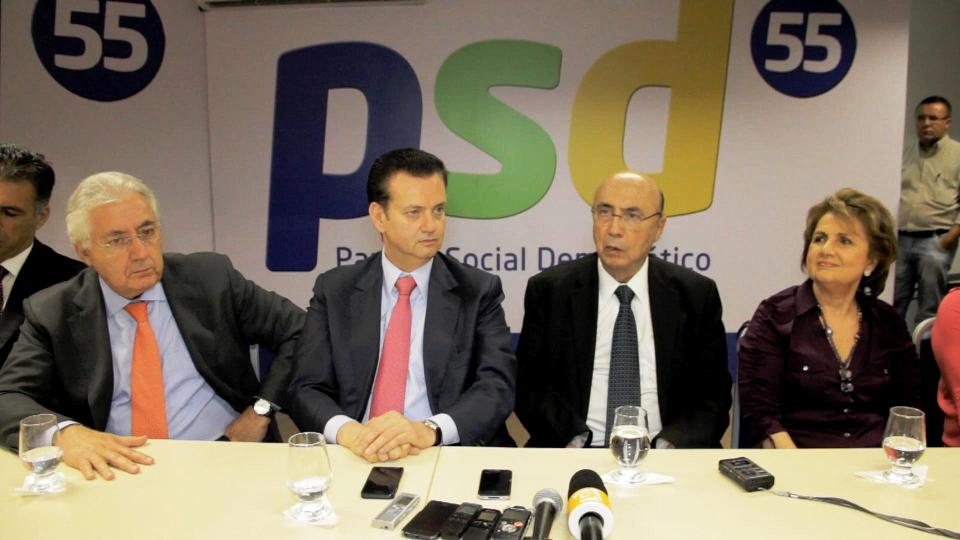 O ministro Guilherme Afif, Gilberto Kassab, Henrique Meirelles e a coordenadora do PSD Mulher, Alda Marco Antonio.